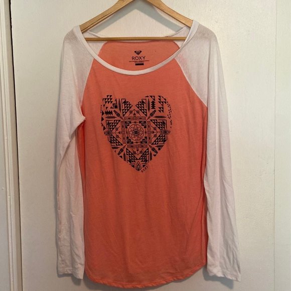 Roxy Tops - Roxy Tribal Heart Peach and White Baseball Raglan Tee